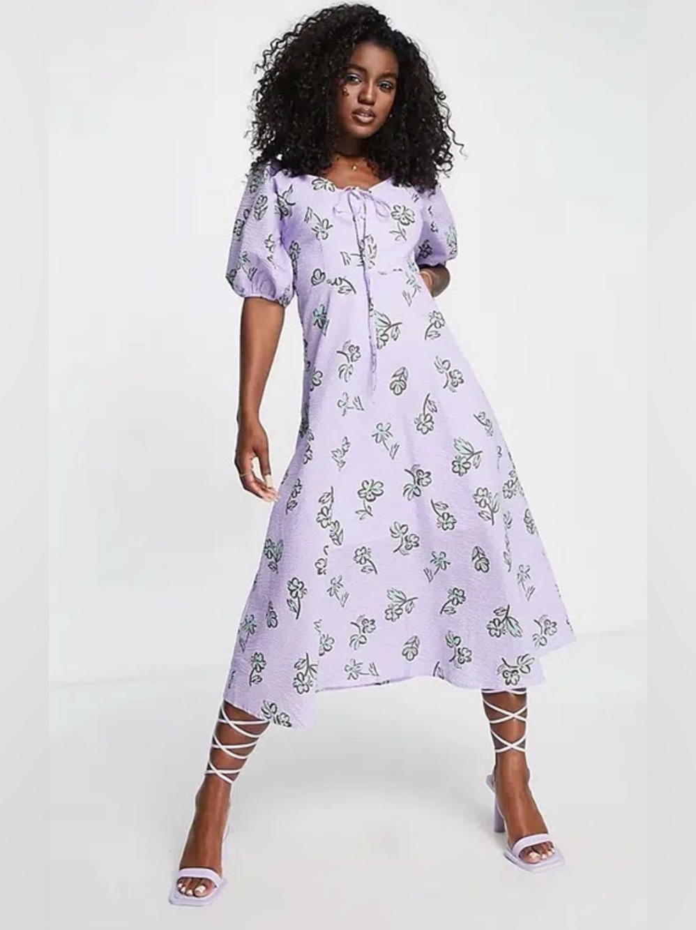 Urban Revivo Dress Puff Sleeve Floral Midi Lilac Green Size 8 Playful Dopamine